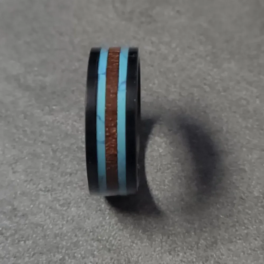 Men's Real Black Tungsten Wedding Ring Turquoise and Koa Wood Inalys